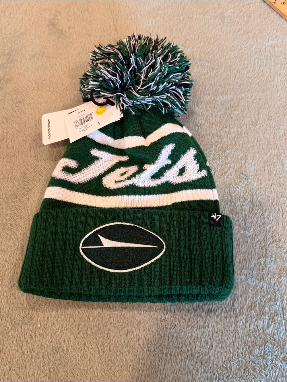 New York Jets 47 Brand Women’s Pom Beanie Green White Knit Cuff Hat NWT